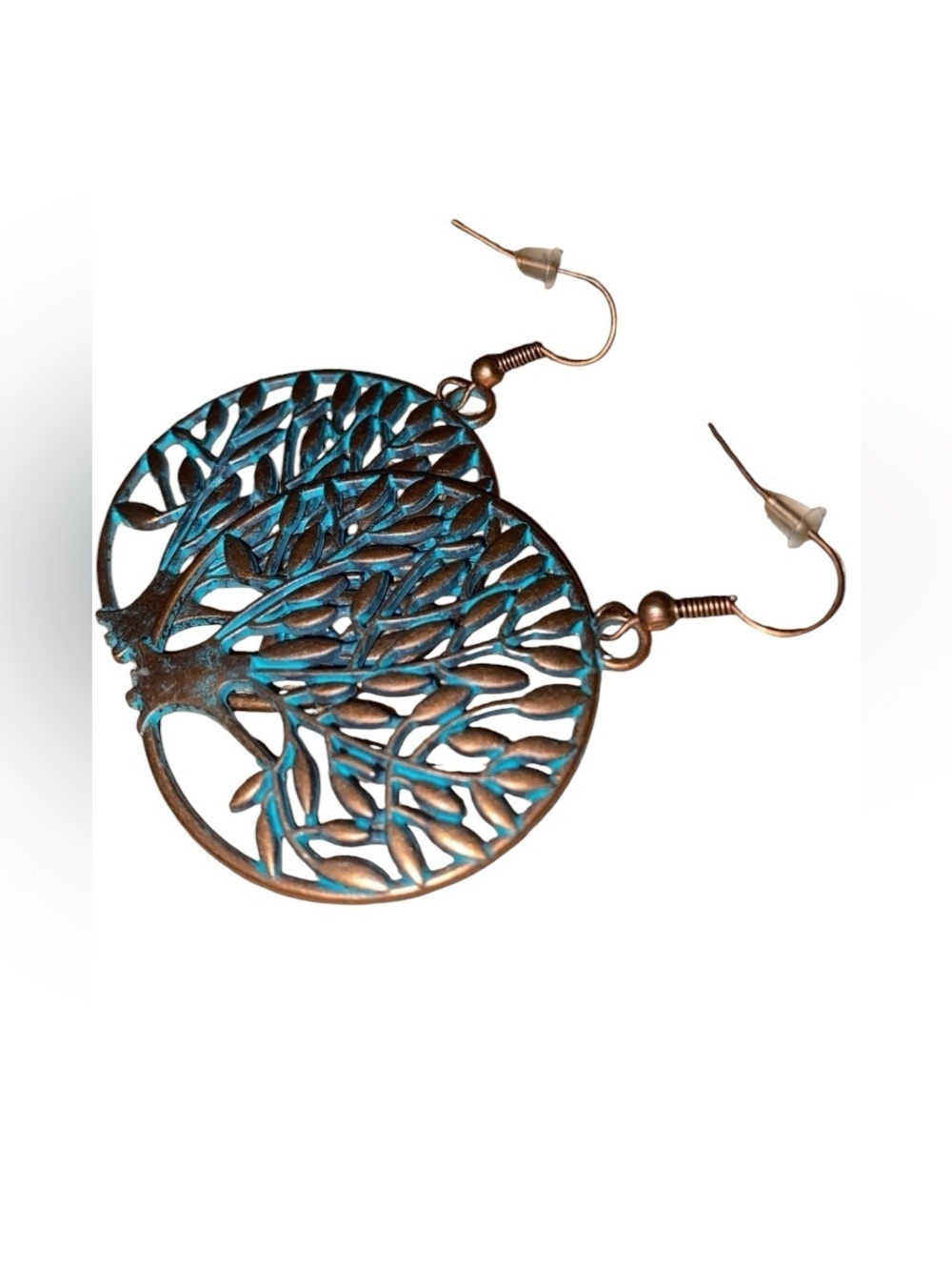 FOLK ART INSPIRED EARRINGS Tree of Life Copper Turquoise Colored Round Design